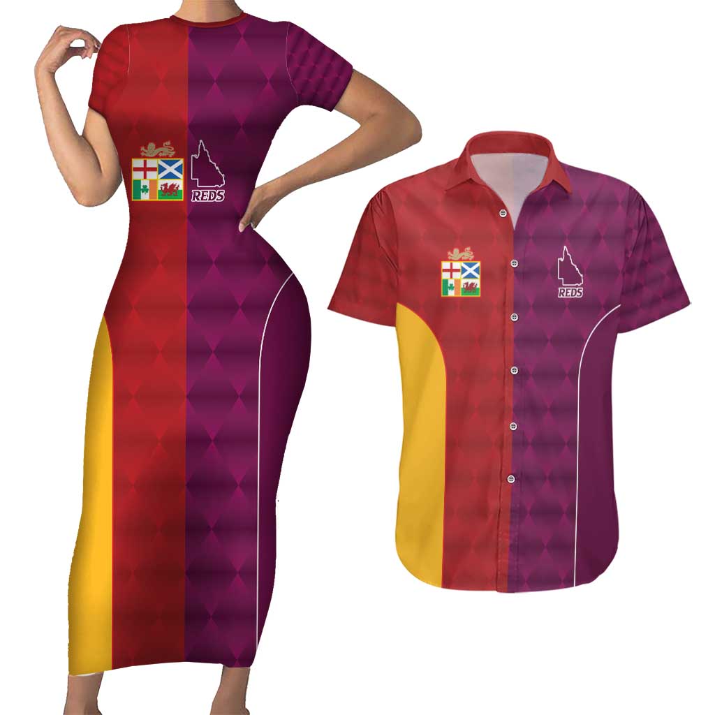 Custom British Lions Australia Queensland Couples Matching Short Sleeve Bodycon Dress and Hawaiian Shirt Sporty Style