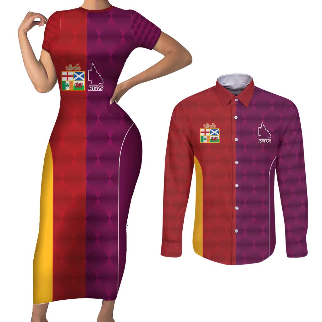 Custom British Lions Australia Queensland Couples Matching Short Sleeve Bodycon Dress and Long Sleeve Button Shirt Sporty Style