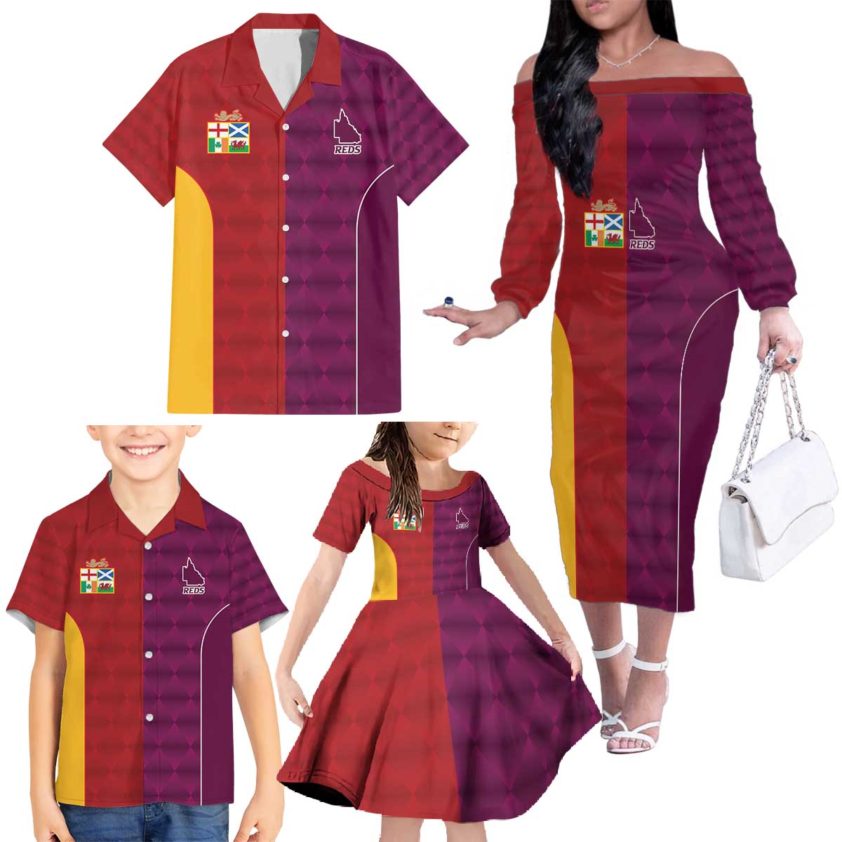 Custom British Lions Australia Queensland Family Matching Off The Shoulder Long Sleeve Dress and Hawaiian Shirt Sporty Style