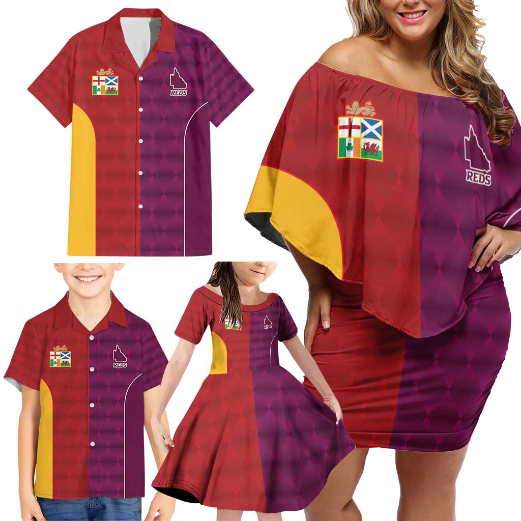Custom British Lions Australia Queensland Family Matching Off Shoulder Short Dress and Hawaiian Shirt Sporty Style