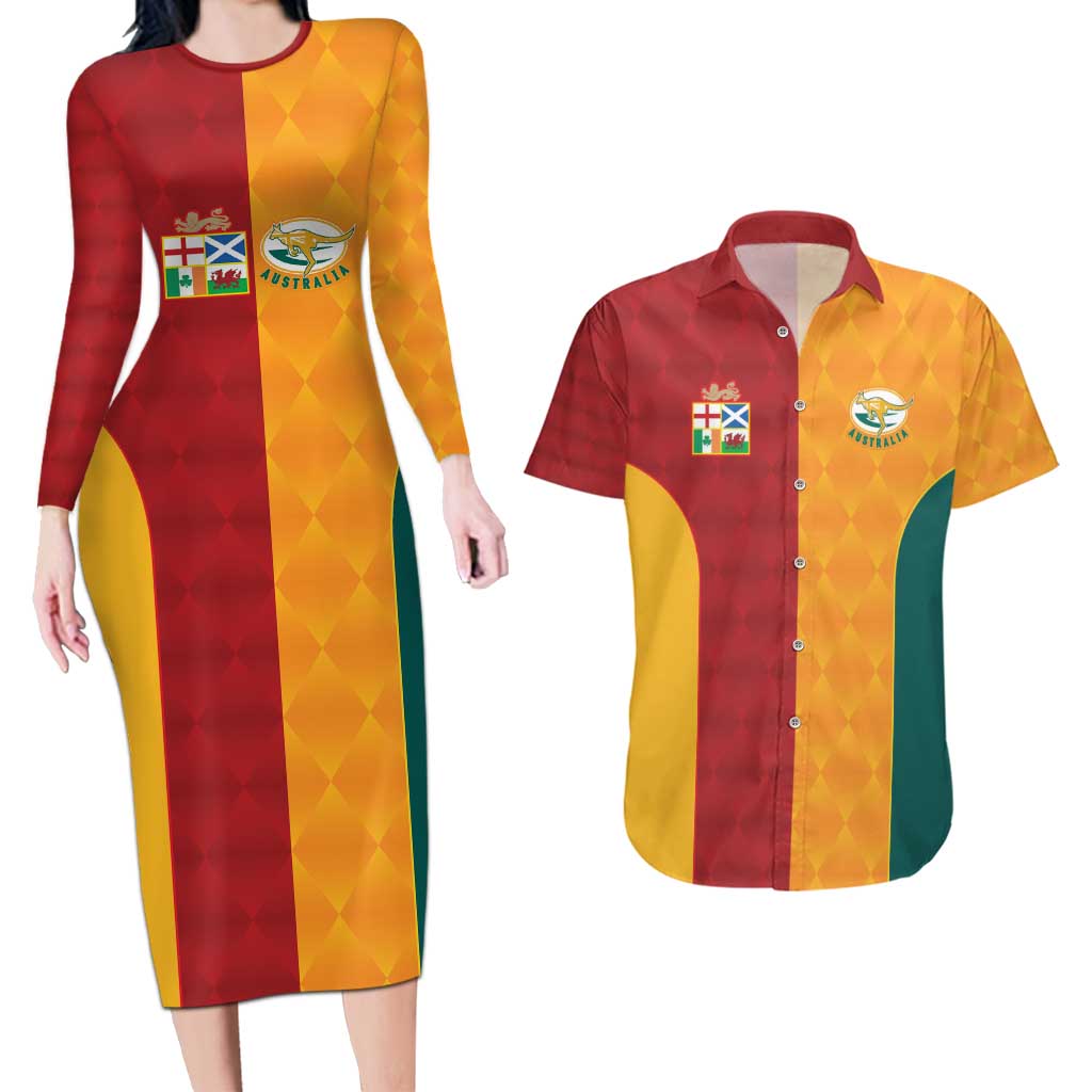 Custom British Lions Australia Wallabies Couples Matching Long Sleeve Bodycon Dress and Hawaiian Shirt Sporty Style