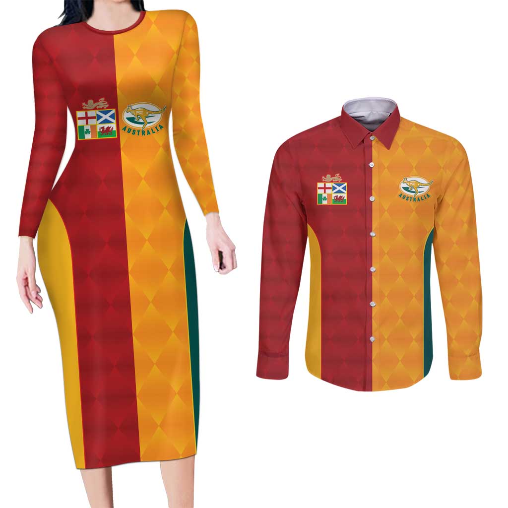 Custom British Lions Australia Wallabies Couples Matching Long Sleeve Bodycon Dress and Long Sleeve Button Shirt Sporty Style