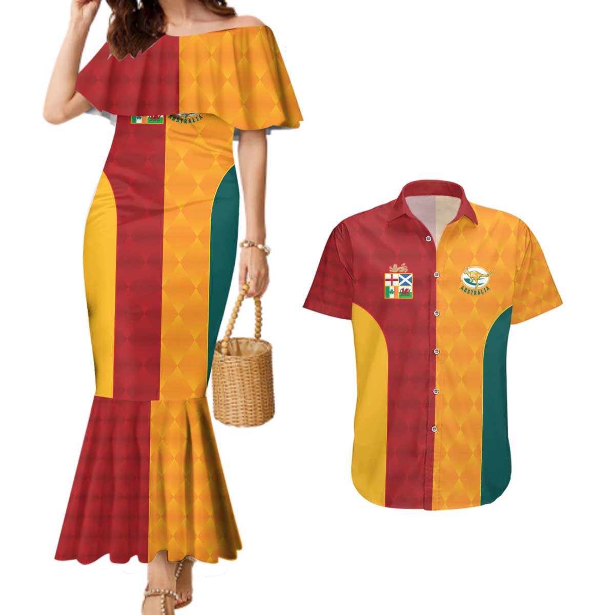 Custom British Lions Australia Wallabies Couples Matching Mermaid Dress and Hawaiian Shirt Sporty Style