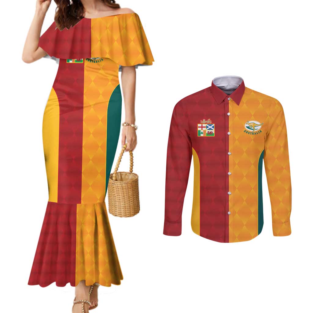 Custom British Lions Australia Wallabies Couples Matching Mermaid Dress and Long Sleeve Button Shirt Sporty Style