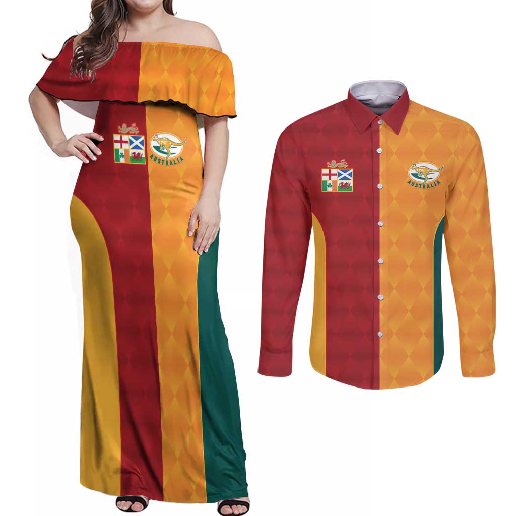 Custom British Lions Australia Wallabies Couples Matching Off Shoulder Maxi Dress and Long Sleeve Button Shirt Sporty Style