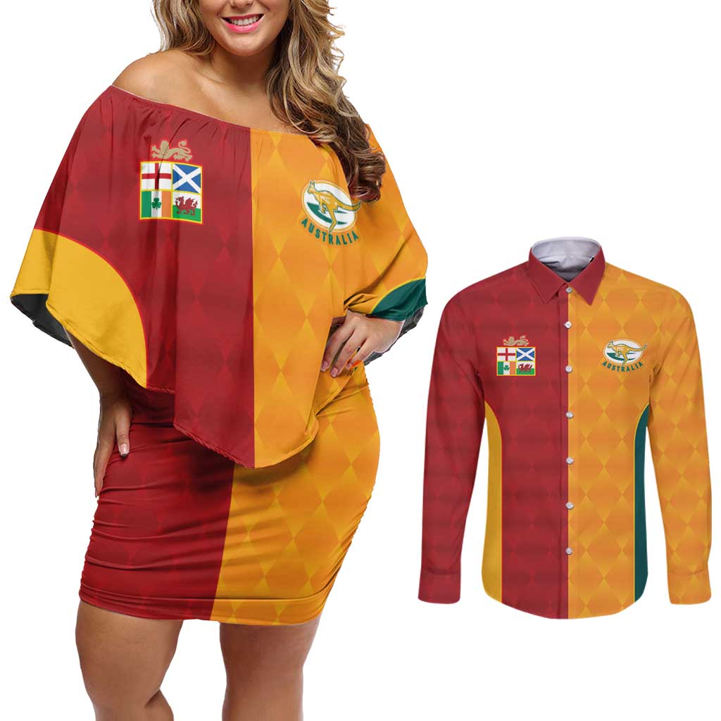 Custom British Lions Australia Wallabies Couples Matching Off Shoulder Short Dress and Long Sleeve Button Shirt Sporty Style