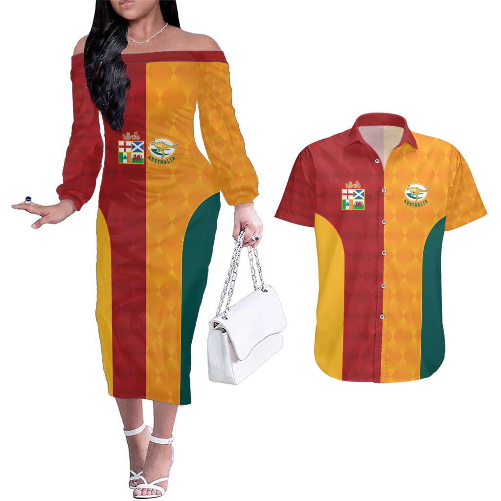 Custom British Lions Australia Wallabies Couples Matching Off The Shoulder Long Sleeve Dress and Hawaiian Shirt Sporty Style