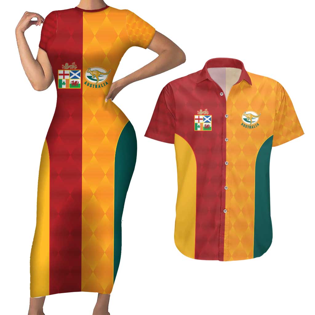 Custom British Lions Australia Wallabies Couples Matching Short Sleeve Bodycon Dress and Hawaiian Shirt Sporty Style