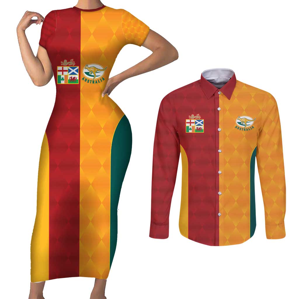 Custom British Lions Australia Wallabies Couples Matching Short Sleeve Bodycon Dress and Long Sleeve Button Shirt Sporty Style