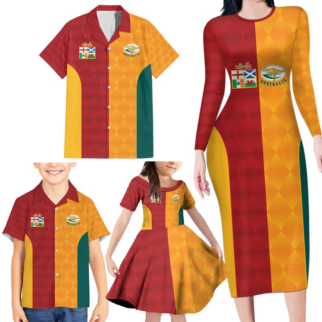 Custom British Lions Australia Wallabies Family Matching Long Sleeve Bodycon Dress and Hawaiian Shirt Sporty Style