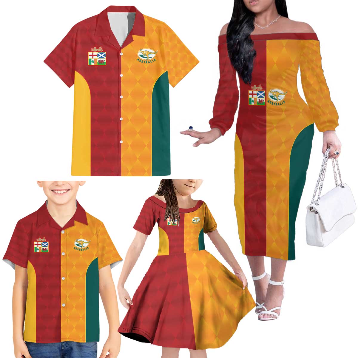 Custom British Lions Australia Wallabies Family Matching Off The Shoulder Long Sleeve Dress and Hawaiian Shirt Sporty Style