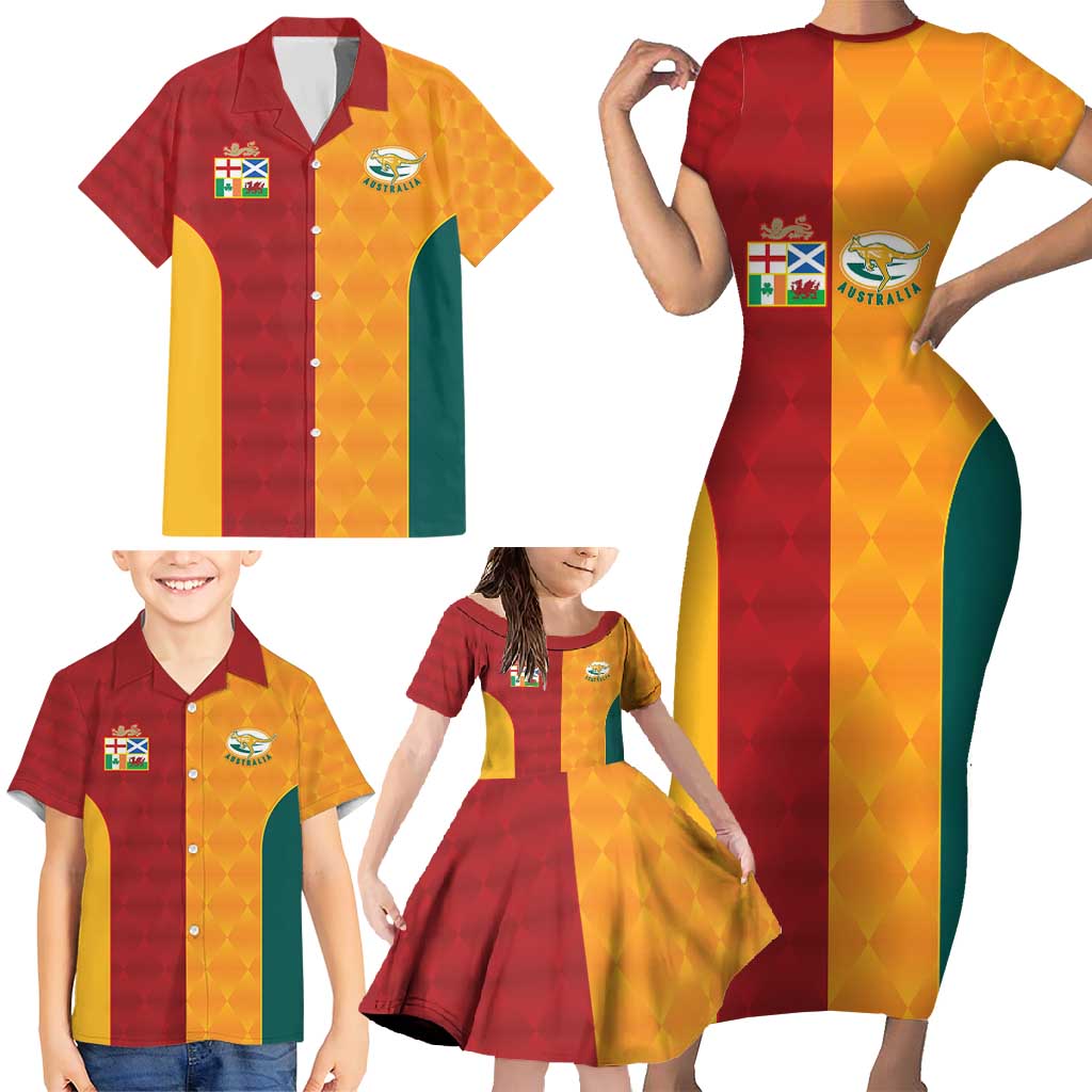 Custom British Lions Australia Wallabies Family Matching Short Sleeve Bodycon Dress and Hawaiian Shirt Sporty Style