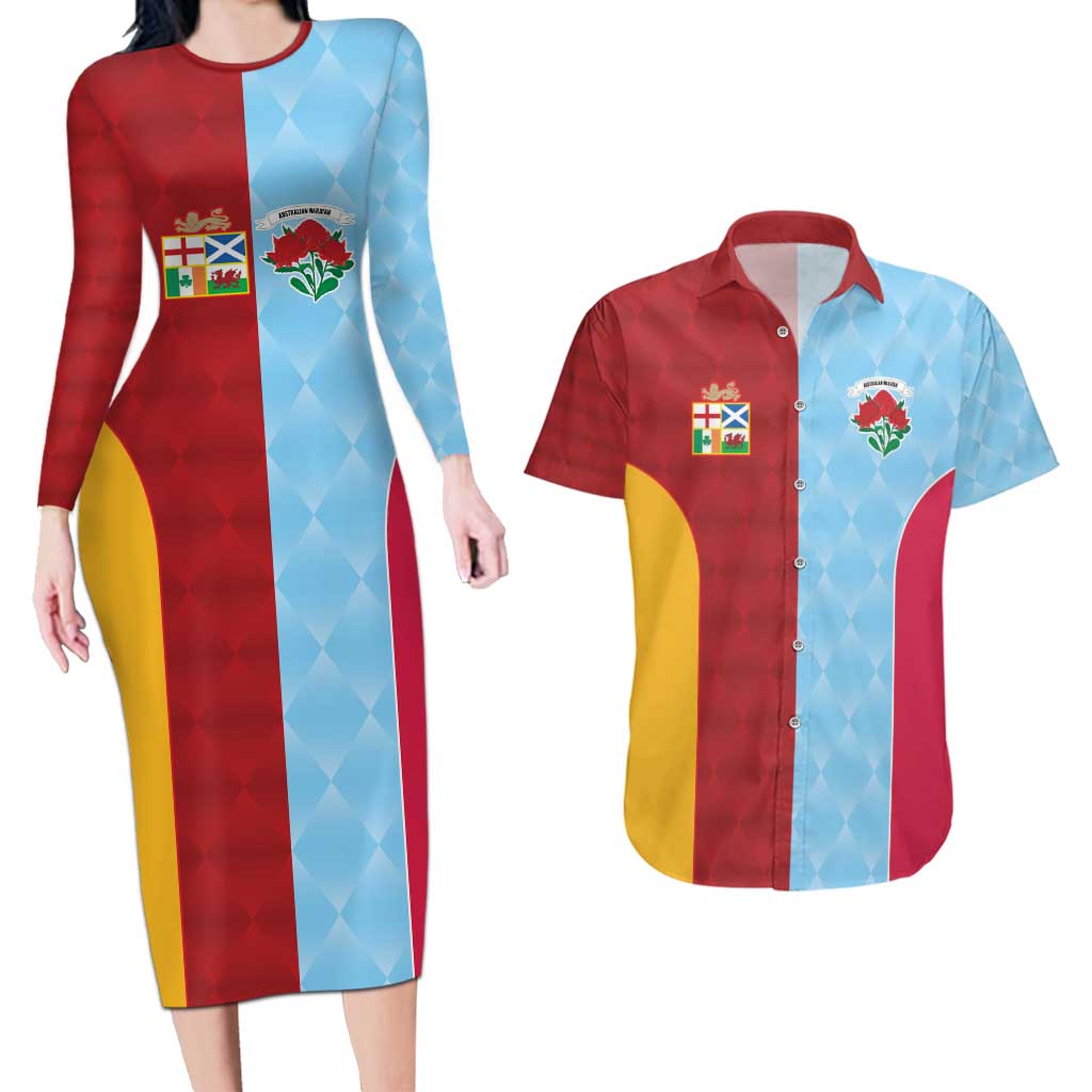 Custom British Lions Australia Waratahs Couples Matching Long Sleeve Bodycon Dress and Hawaiian Shirt Sporty Style