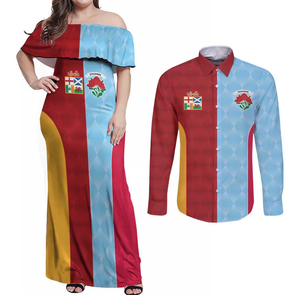 Custom British Lions Australia Waratahs Couples Matching Off Shoulder Maxi Dress and Long Sleeve Button Shirt Sporty Style