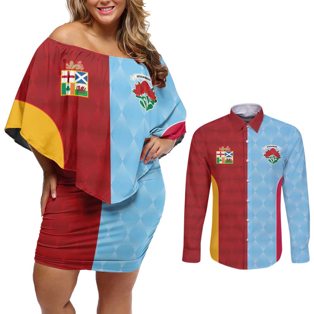 Custom British Lions Australia Waratahs Couples Matching Off Shoulder Short Dress and Long Sleeve Button Shirt Sporty Style