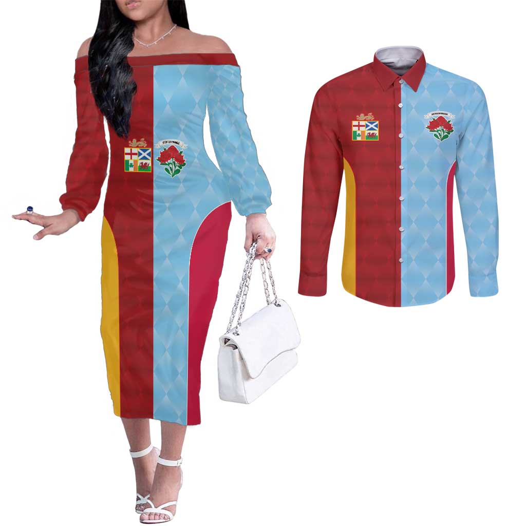 Custom British Lions Australia Waratahs Couples Matching Off The Shoulder Long Sleeve Dress and Long Sleeve Button Shirt Sporty Style