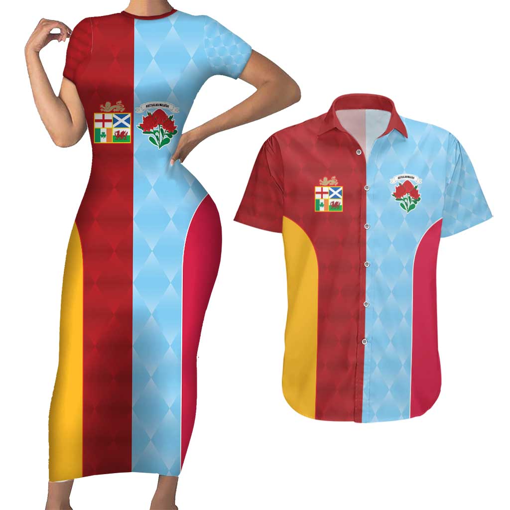 Custom British Lions Australia Waratahs Couples Matching Short Sleeve Bodycon Dress and Hawaiian Shirt Sporty Style