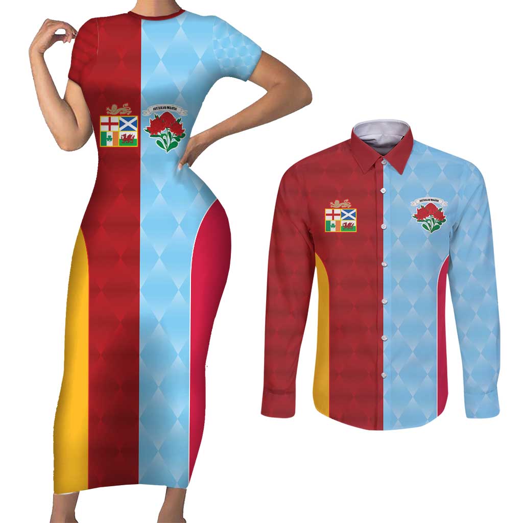 Custom British Lions Australia Waratahs Couples Matching Short Sleeve Bodycon Dress and Long Sleeve Button Shirt Sporty Style