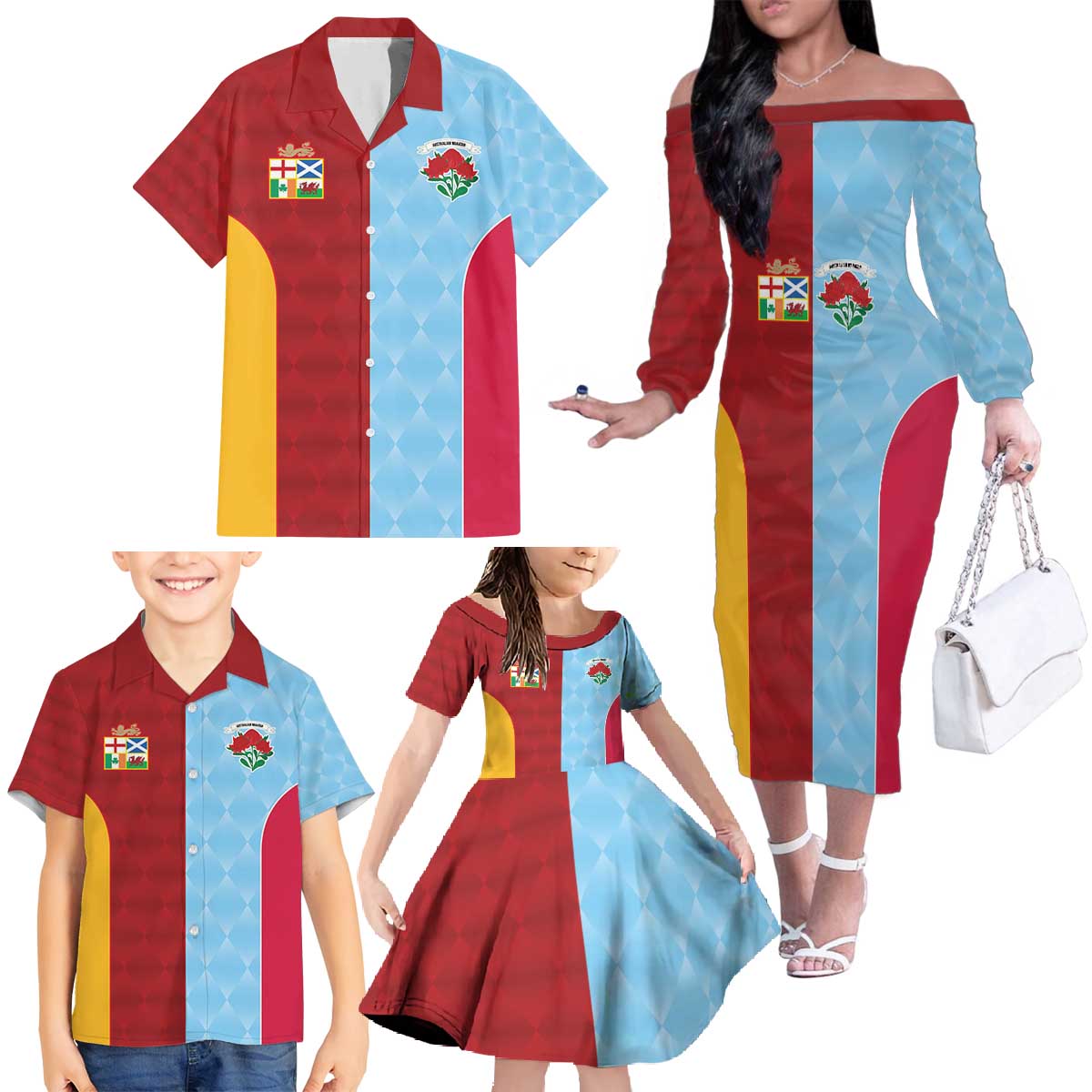 Custom British Lions Australia Waratahs Family Matching Off The Shoulder Long Sleeve Dress and Hawaiian Shirt Sporty Style