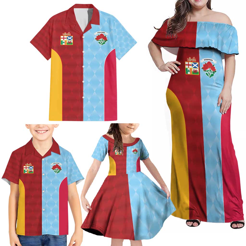 Custom British Lions Australia Waratahs Family Matching Off Shoulder Maxi Dress and Hawaiian Shirt Sporty Style