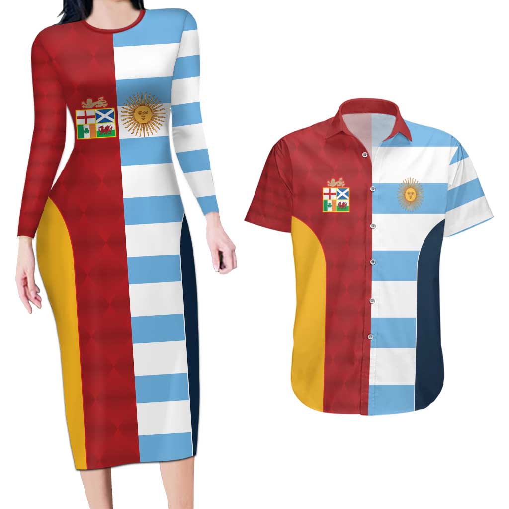 Custom British Lions-Argentina Couples Matching Long Sleeve Bodycon Dress and Hawaiian Shirt Sporty Style