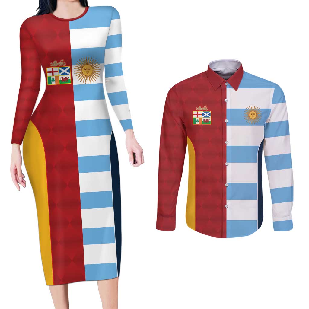 Custom British Lions-Argentina Couples Matching Long Sleeve Bodycon Dress and Long Sleeve Button Shirt Sporty Style