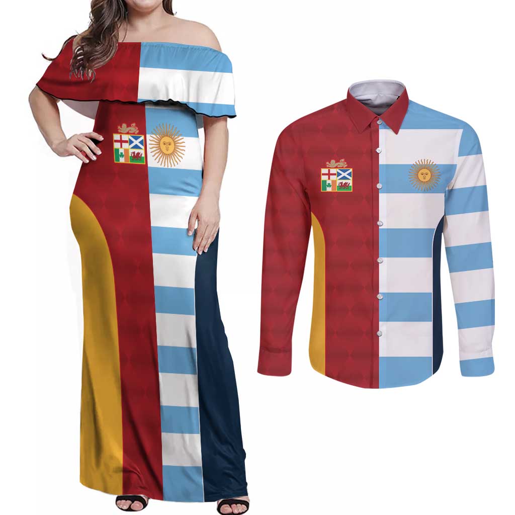Custom British Lions-Argentina Couples Matching Off Shoulder Maxi Dress and Long Sleeve Button Shirt Sporty Style