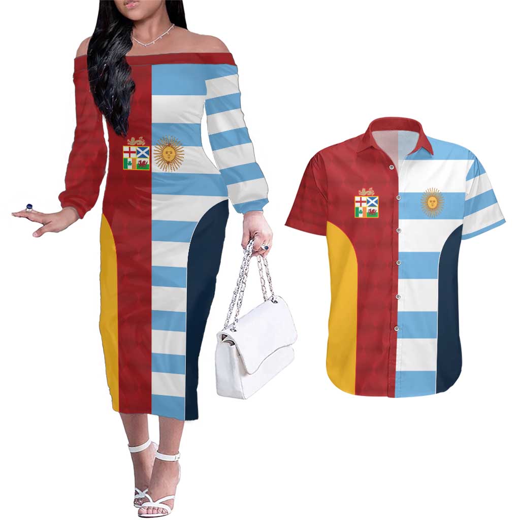 Custom British Lions-Argentina Couples Matching Off The Shoulder Long Sleeve Dress and Hawaiian Shirt Sporty Style