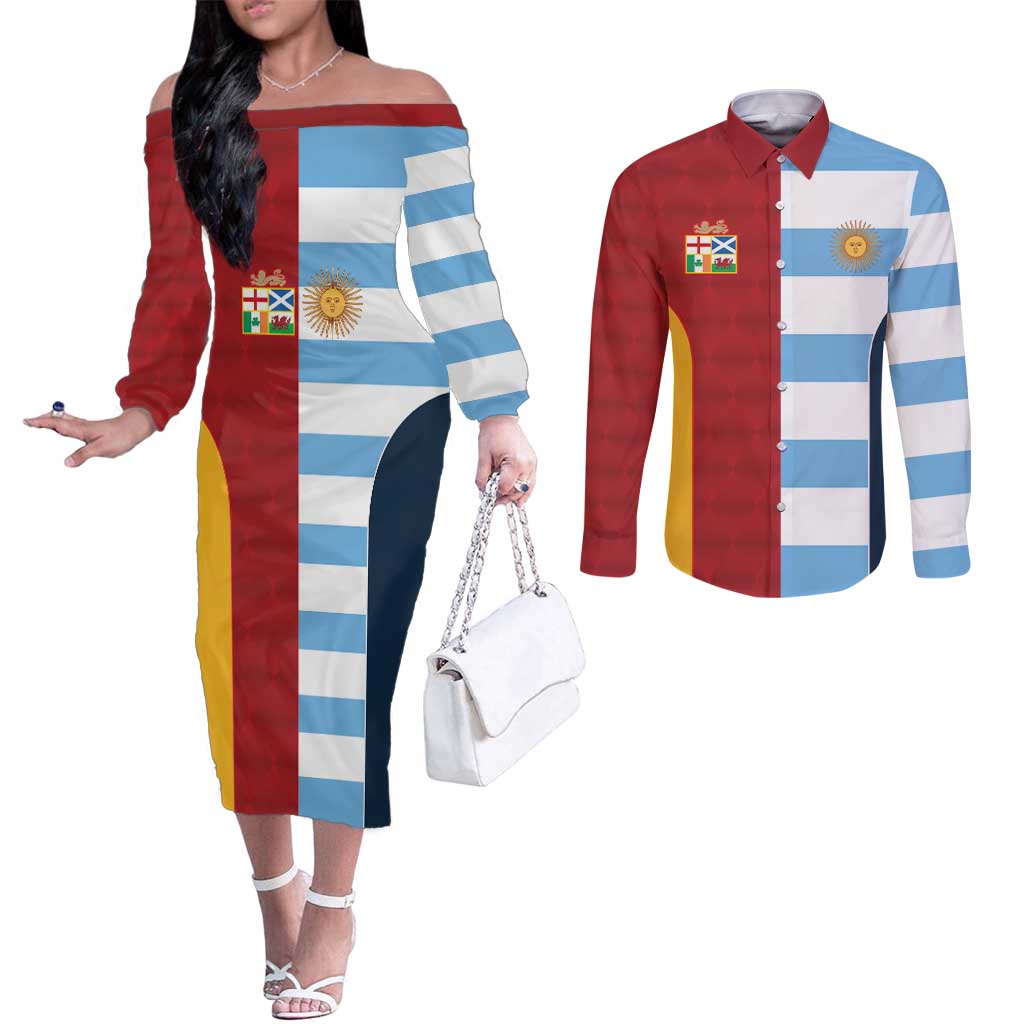 Custom British Lions-Argentina Couples Matching Off The Shoulder Long Sleeve Dress and Long Sleeve Button Shirt Sporty Style