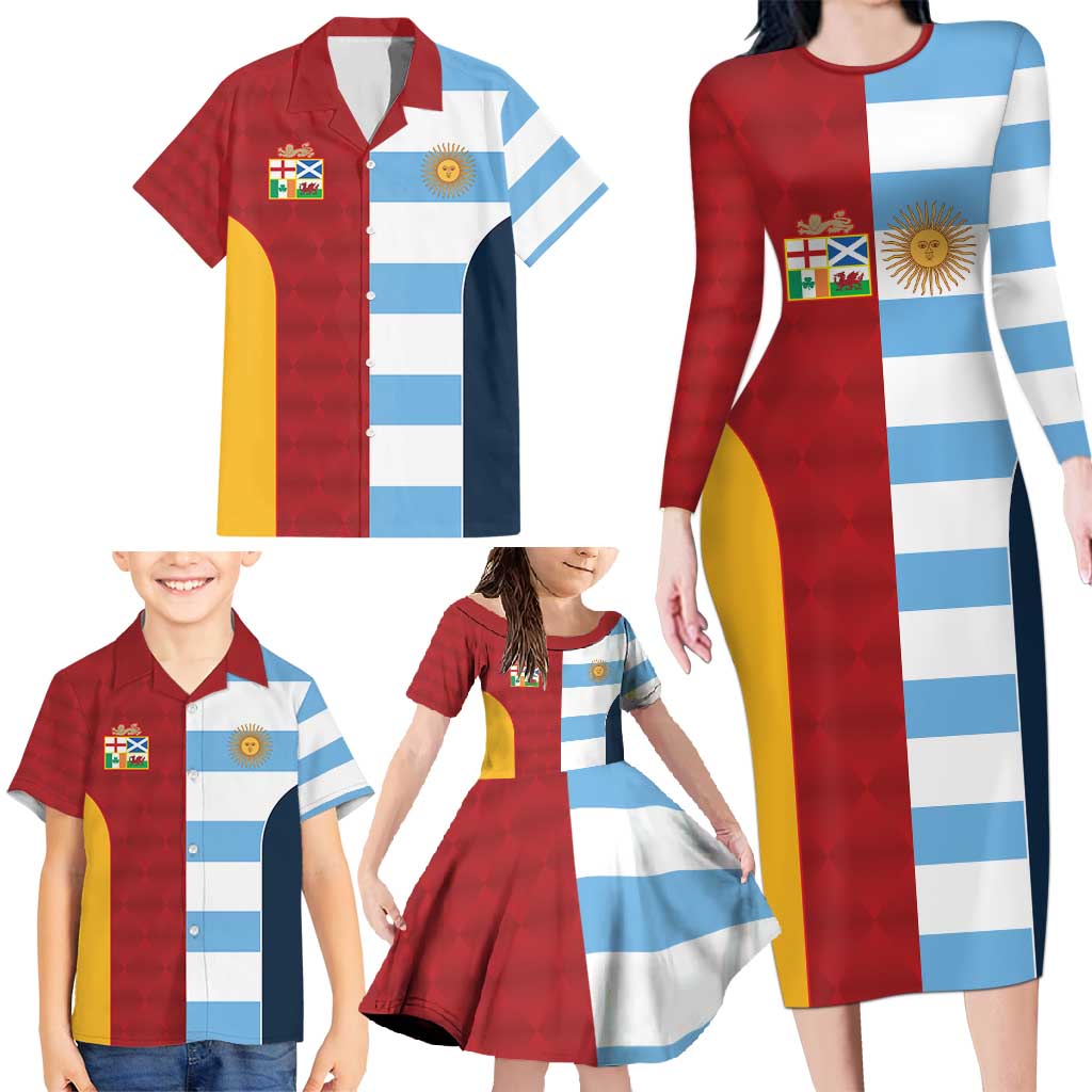 Custom British Lions-Argentina Family Matching Long Sleeve Bodycon Dress and Hawaiian Shirt Sporty Style