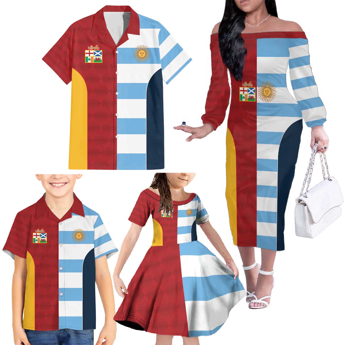 Custom British Lions-Argentina Family Matching Off The Shoulder Long Sleeve Dress and Hawaiian Shirt Sporty Style
