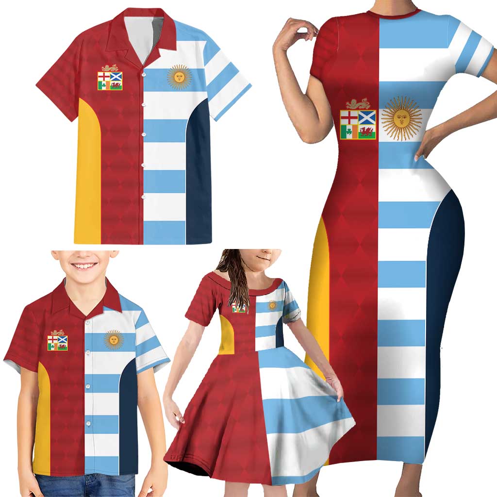 Custom British Lions-Argentina Family Matching Short Sleeve Bodycon Dress and Hawaiian Shirt Sporty Style