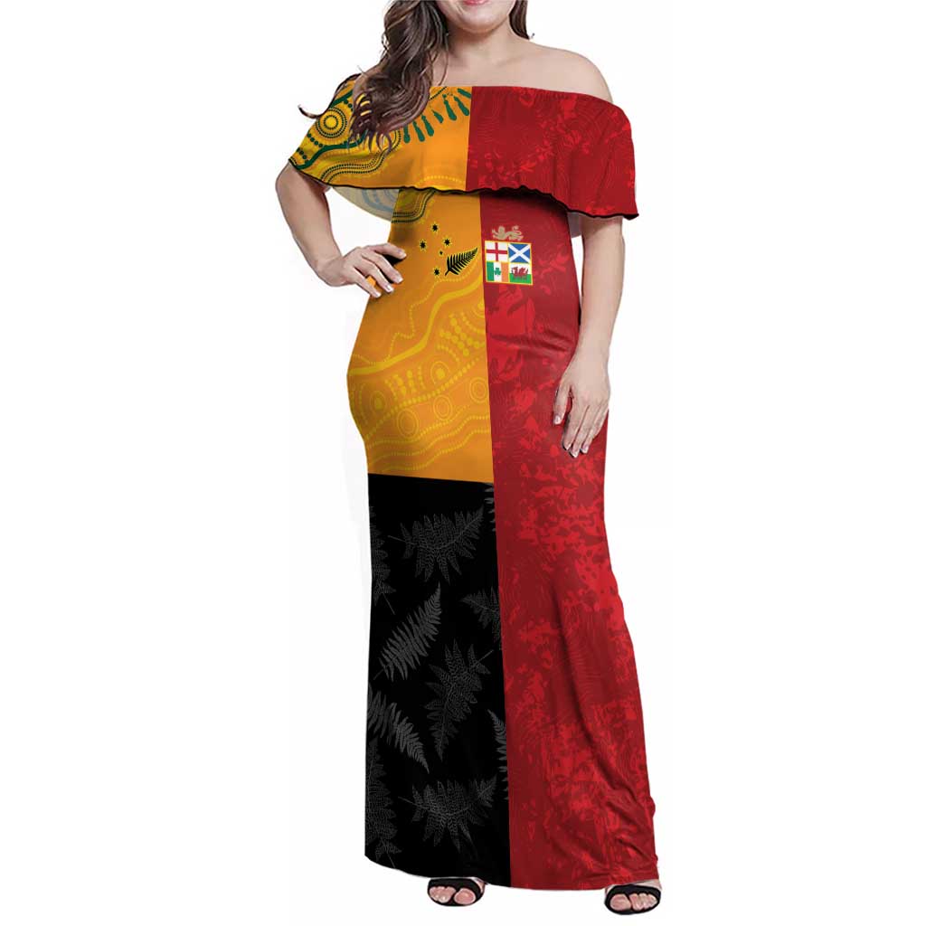 Custom British Lions-AUNZ Family Matching Off Shoulder Maxi Dress and Hawaiian Shirt Australia-New Zealand Indigenous Motif