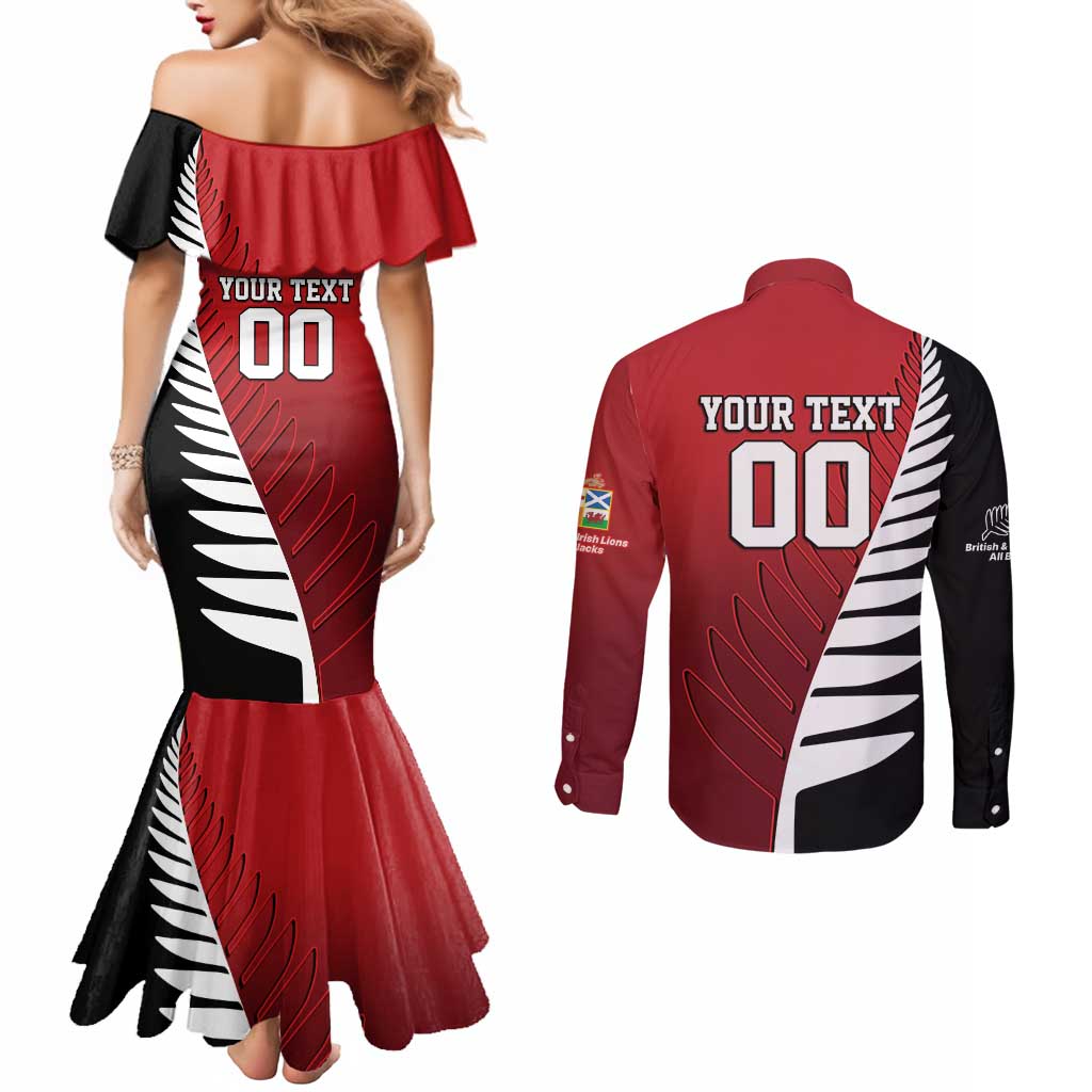 Custom British Lions New Zealand Couples Matching Mermaid Dress and Long Sleeve Button Shirt Half Black Fern