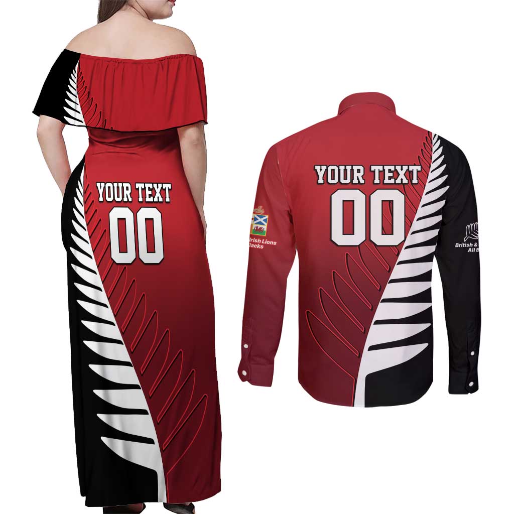 Custom British Lions New Zealand Couples Matching Off Shoulder Maxi Dress and Long Sleeve Button Shirt Half Black Fern