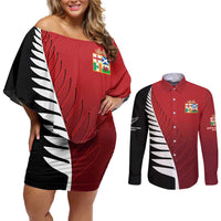Custom British Lions New Zealand Couples Matching Off Shoulder Short Dress and Long Sleeve Button Shirt Half Black Fern