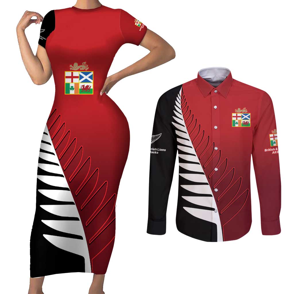 Custom British Lions New Zealand Couples Matching Short Sleeve Bodycon Dress and Long Sleeve Button Shirt Half Black Fern