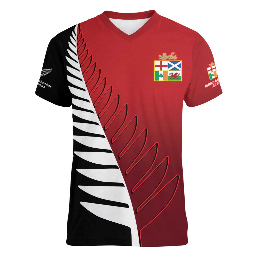 Custom British Lions New Zealand Women V-Neck T-Shirt Half Black Fern