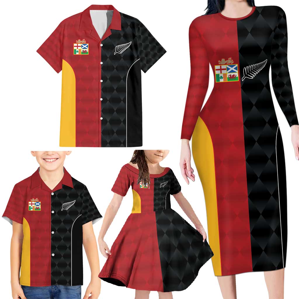 Custom British Lions New Zealand Family Matching Long Sleeve Bodycon Dress and Hawaiian Shirt Sporty Style