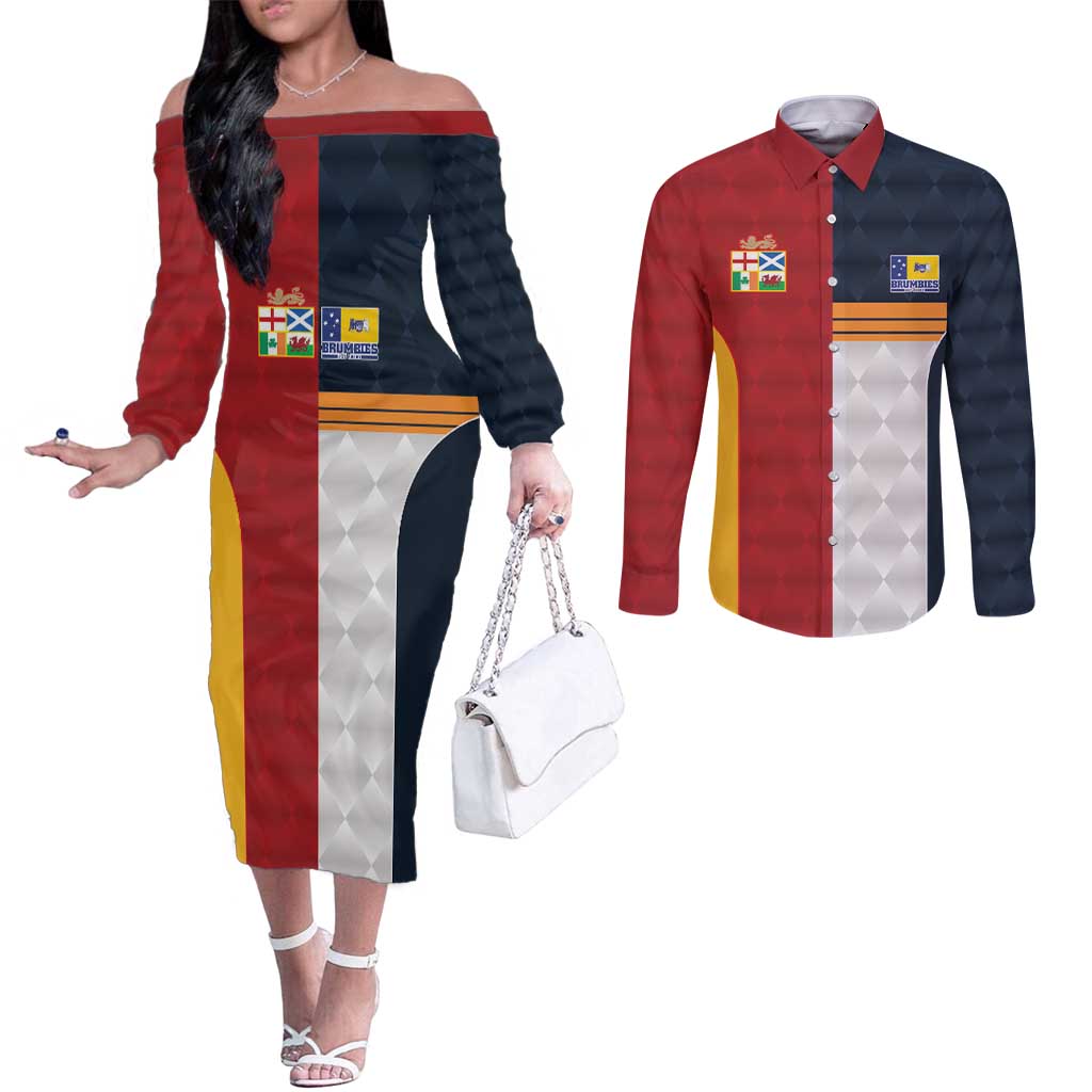 Custom British Lions Australia ACT Couples Matching Off The Shoulder Long Sleeve Dress and Long Sleeve Button Shirt Sporty Style