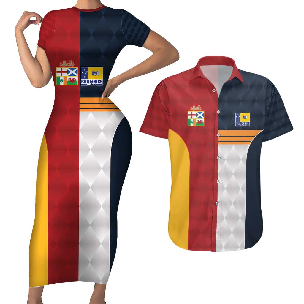 Custom British Lions Australia ACT Couples Matching Short Sleeve Bodycon Dress and Hawaiian Shirt Sporty Style