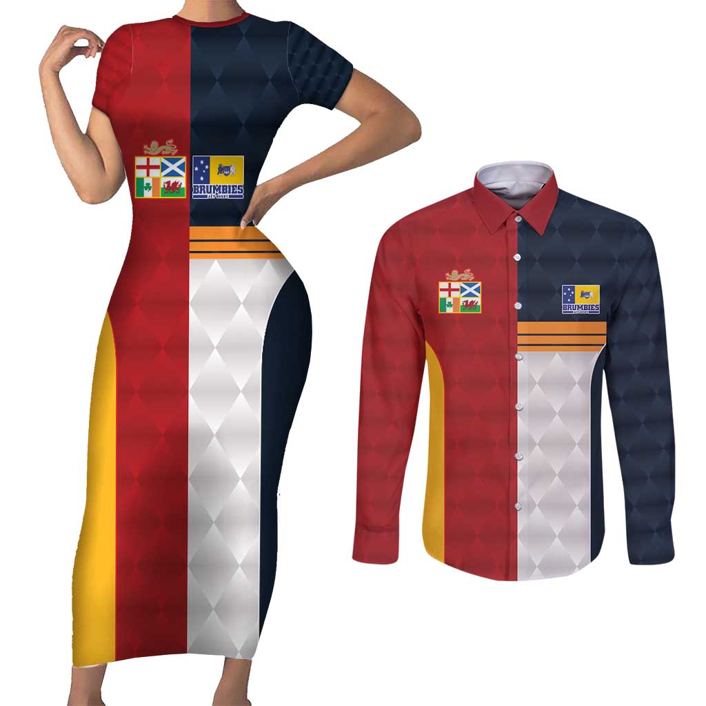 Custom British Lions Australia ACT Couples Matching Short Sleeve Bodycon Dress and Long Sleeve Button Shirt Sporty Style