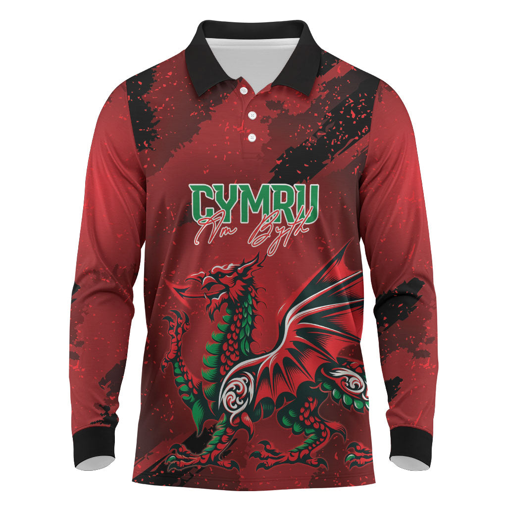 Wales Rugby National Heritage Custom Long Sleeve Polo Shirt Red Dragon Inspired Edition