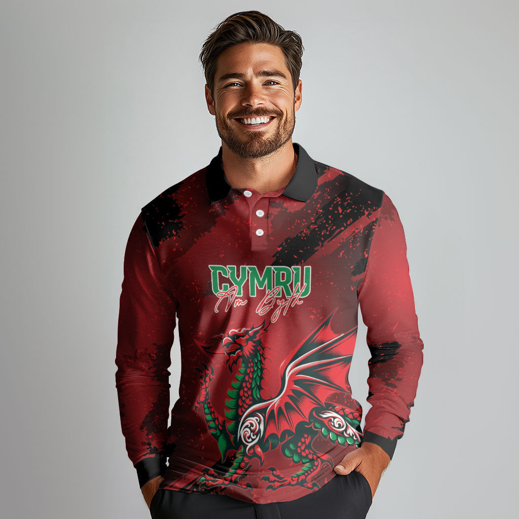 Wales Rugby National Heritage Custom Long Sleeve Polo Shirt Red Dragon Inspired Edition