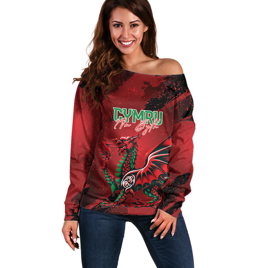 Wales Rugby National Heritage Custom Off Shoulder Sweater Red Dragon Inspired Edition