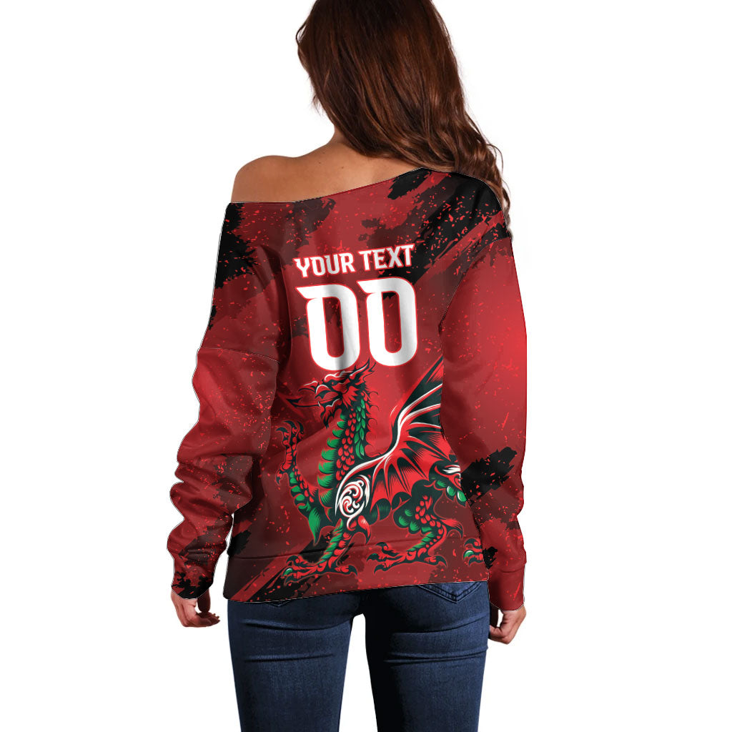 Wales Rugby National Heritage Custom Off Shoulder Sweater Red Dragon Inspired Edition