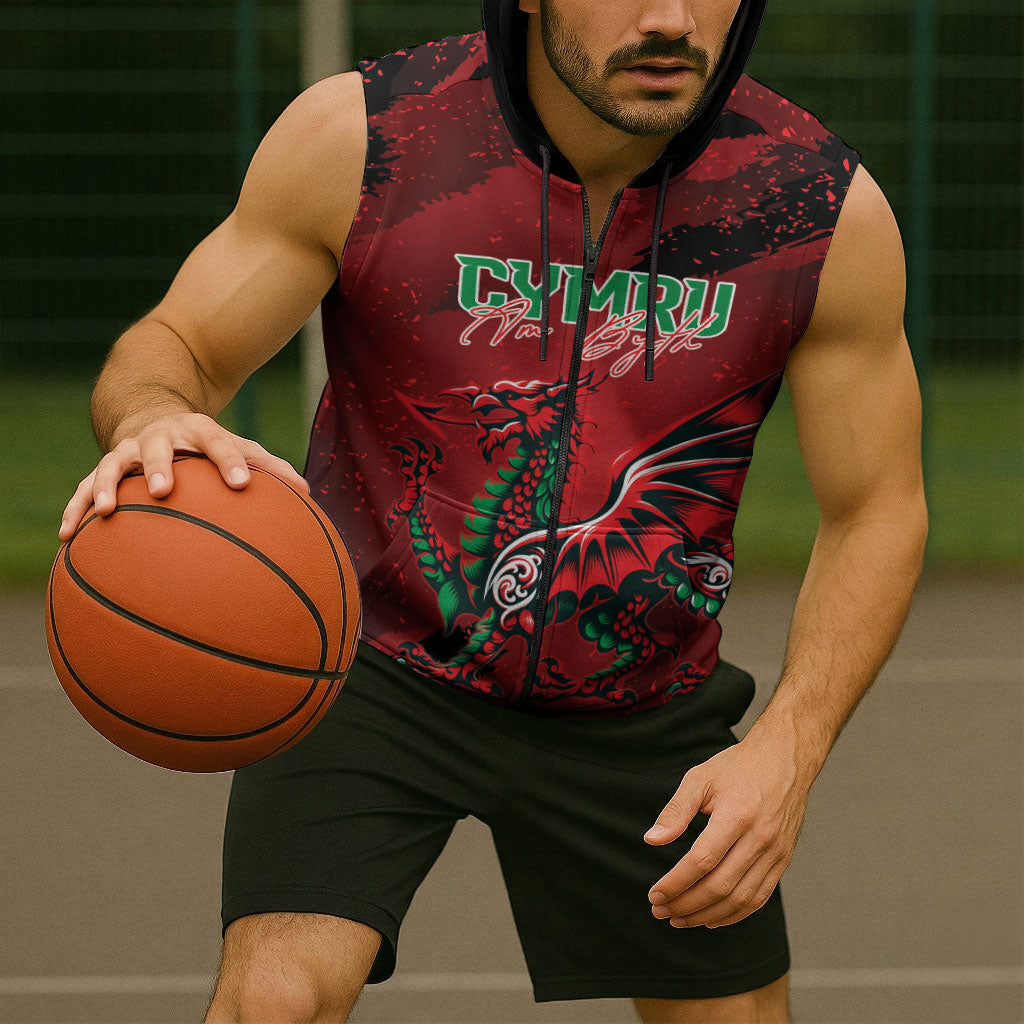Wales Rugby National Heritage Custom Sleeveless Zip Hoodie Red Dragon Inspired Edition
