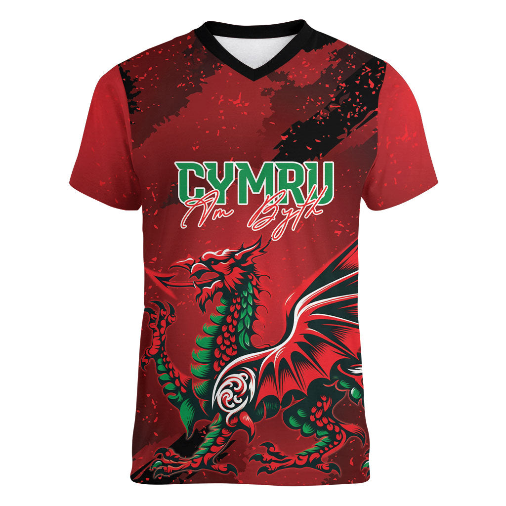 Wales Rugby National Heritage Custom Women V-Neck T-Shirt Red Dragon Inspired Edition