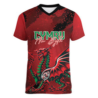 Wales Rugby National Heritage Custom Women V-Neck T-Shirt Red Dragon Inspired Edition