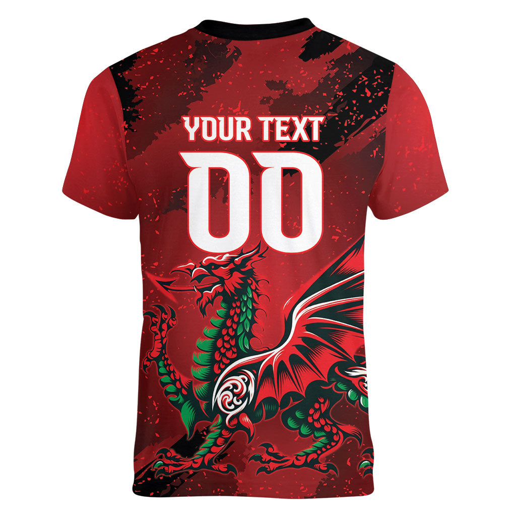 Wales Rugby National Heritage Custom Women V-Neck T-Shirt Red Dragon Inspired Edition